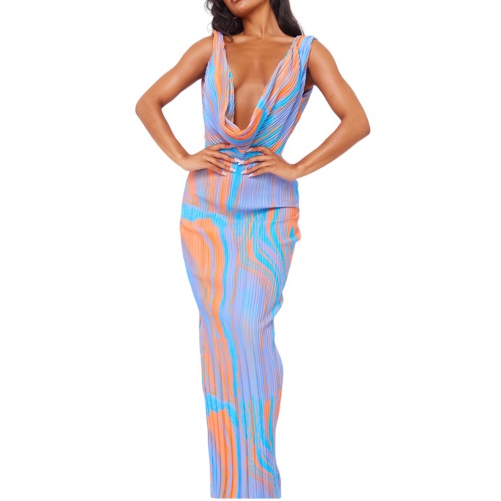 [PLT] Abstract Print Plisse Cowl Plunge Maxi Dress